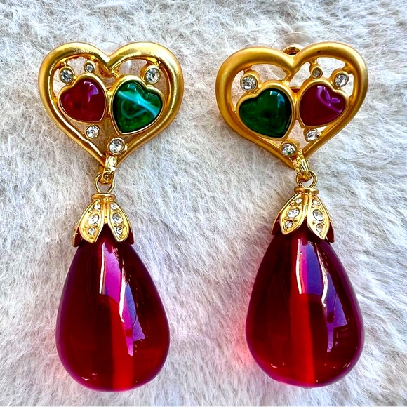 Long Catwalk Jon Green & Red Glass Cabochon Drop Earrings - Picture 2 of 4